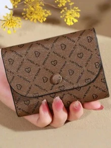 1PC Classic Heart Pattern Women's Short Clutch Wallet, Coin Purse, Zipper Pockets, Button Closure, PU Leather Retro Credit Card Case Bag For Daily Use, Travel, Women's Fashion Accessories