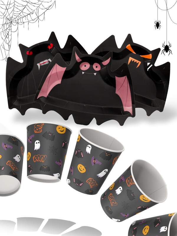 Vasos desechables negros y platos con forma de murciélago para fiesta de Halloween. Platos de papel grandes de 11 pulgadas y vasos de papel para decoraciones de fiesta de Halloween espeluznantes, suministros para fiestas de Halloween con hermosos patrones de sombreros de bruja, fantasmas, murciélagos y telarañas