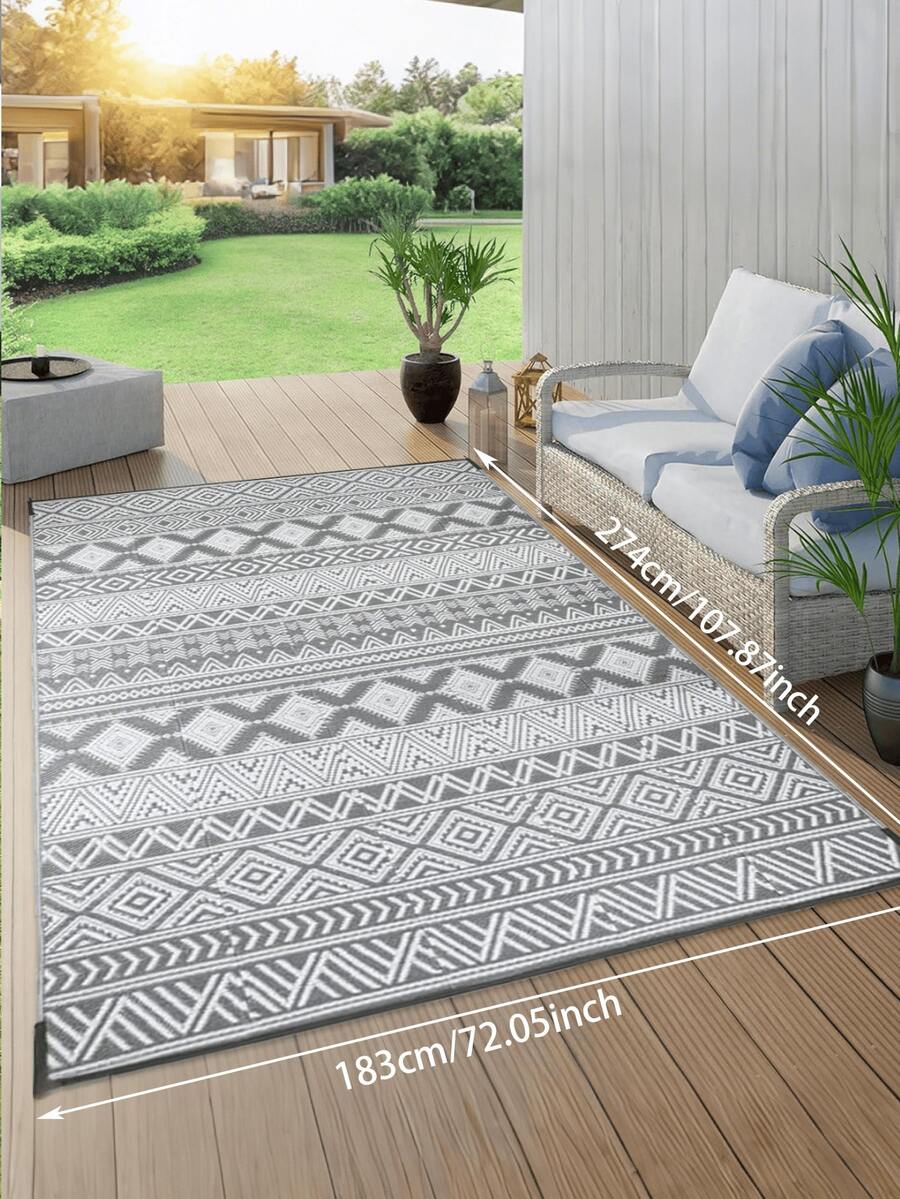 5x8 英尺户外地毯，防水塑料编织露台地毯，可翻转双面不褪色门廊垫，适用于露台阳台野餐，易于清洁，灰色和白色条纹户外房车露营垫