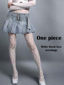 1 件提花镂空花朵黑白个性渔网袜，复古法式提花辣妹连裤袜