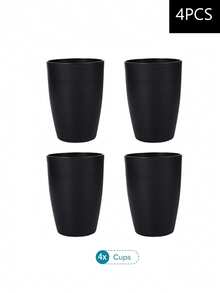 4/16 件套塑料黑色餐具套装，包括盘子、甜点盘、甜点碗和大玻璃杯，适用于露营、酒店、餐厅和派对