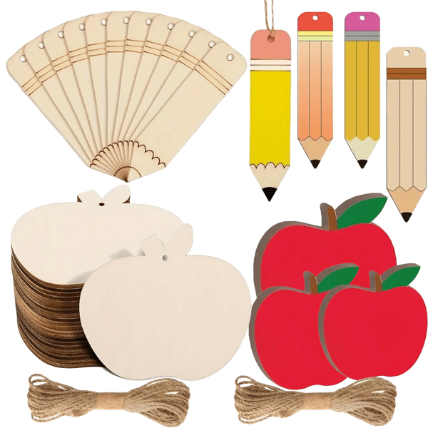 20pcs Unfinished Blank Wooden DIY Pencil & Apple Shape Wooden Pieces, 2 Styles 10pcs Each With Hanging Rope, Suitable For Back To School And Teacher Appreciation - Classroom Party Supplies, First Day Of School Celebration, Teacher's Gift, Hanging Wooden DIY Decorations, Classroom Decor