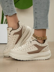 Women Thick Sole Wedge Sneakers With Crystal Decor, Casual Height Increasing Shoes, Versatile For Commuting - Beige - View 1