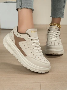 Women Thick Sole Wedge Sneakers With Crystal Decor, Casual Height Increasing Shoes, Versatile For Commuting - Beige - View 5