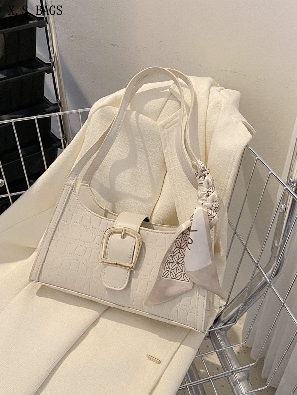 Casual Versatile Daily Fashion Crocodile Embossed Leather One Shoulder Baguette Bag With Scarf