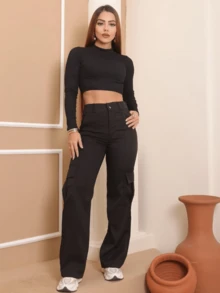 Women's Cargo Pants Tailored Side Pockets High Waist Casual Comfortable  Fashion - 黑色 - 查看 3