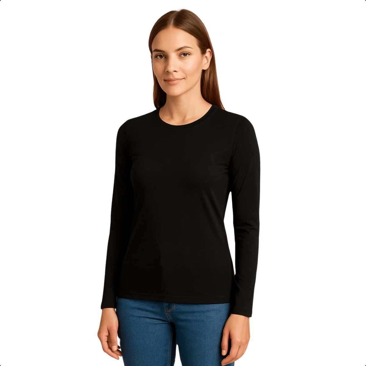 Women's Long Sleeve T-Shirt With Crew Neck In Suplex Fabric | 16 Color Variations Sizes P To Plus Size G2 Basic Plain - Black - View 1