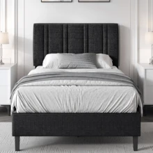 Upholstered Bed Frame With Headboard, Linen Fabric Platform Bed Frame With Tufted Headboard, No Box Spring Required, Easy Assembly, Pink/ White/ Black/ Blue, Twin/ Full/ Queen - màu đen - Xem 6