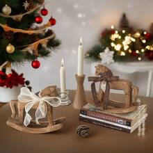 Wooden Rocking Horse Statue, Made Of Rustic Brown Wood With White Organza Bow, Suitable For Bookshelf, Coffee Table Or Hotel Display, Warm Brown Wood Material With Intricate Carving Details, Coffee Table Decor | Farmhouse Style Wooden Horse | Exquisite Craftsmanship, Horse Decor, Perfect For Room Decoration Home Decor Christmas Decorations Christmas Winter
