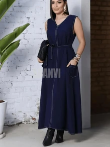 Vestido Feminino Longo Regata Com Cinto Da Mesma Peça Moderno Elegante OUTONO INVERNO 2025/FESTA/ELEGANCIA/TENDENCIA/MODA GRINGA/MODA EVANGELICA
