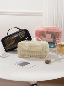 1pc Breathable Mesh Cosmetic Bag - Large Capacity, Multi-Layer Organizer With Handles, Portable And Stylish Makeup Pouch For Women, Breathable Storage Bag Transparent Mesh Texture