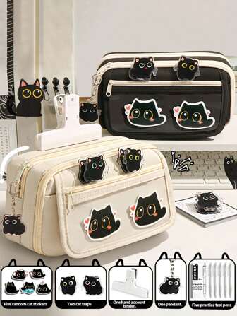 1 Pieza Estuche para lápices de 9 capas con tapa abatible de gran capacidad y diseño de gato de unicolor, organizador de papelería para escritorio escolar, caja de lápices que se puede usar para almacenar una serie de artículos como lápices, borradores y reglas, así como una bolsa de almacenamiento para dormitorio. Un estuche para lápices multifuncional para la temporada de regreso a clases, adecuado para la escuela, clases de tutoría, oficina, niños y niñas, y trabajadores de oficina. Se incluyen accesorios, pero algunas opciones no vienen con accesorios., Estuche para lápices, Mochila escolar, Regreso a clases