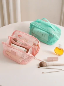 1pc Breathable Mesh Cosmetic Bag - Large Capacity, Multi-Layer Organizer With Handles, Portable And Stylish Makeup Pouch For Women, Breathable Storage Bag Transparent Mesh Texture