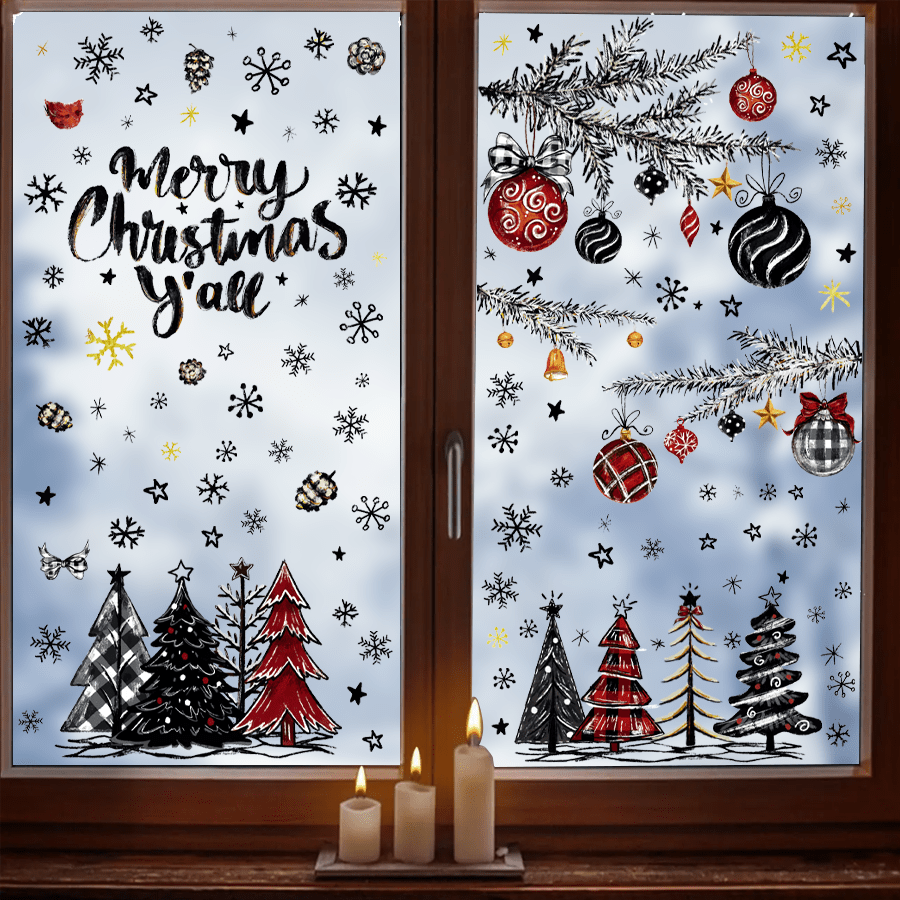 136 piezas Pegatinas de decoración de vidrio navideño que presentan árboles de Navidad, adornos, copos de nieve, diseños creativos de "Feliz Navidad a todos", suministros de decoración para ventanas de adhesión estática