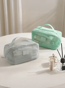 1pc Breathable Mesh Cosmetic Bag - Large Capacity, Multi-Layer Organizer With Handles, Portable And Stylish Makeup Pouch For Women, Breathable Storage Bag Transparent Mesh Texture