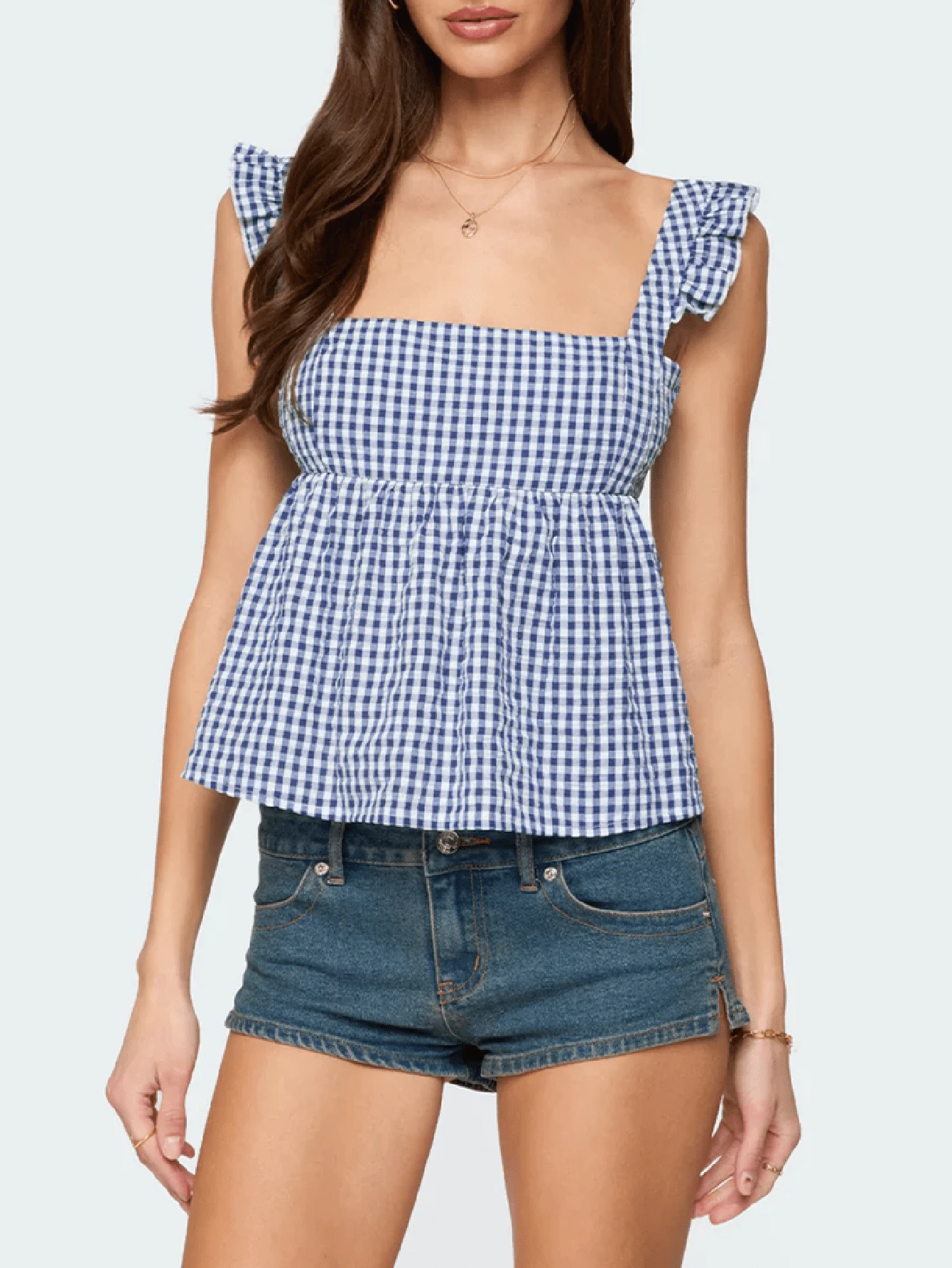 Women Teens Y2k Babydoll Tank Top Lace Trim V Neck Ruffle Flowy Crop Cami Top Summer Preppy Clothes Streetwear - 藍色 - 查看 1