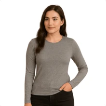 Camiseta Manga Longa Feminina Decote Gola Careca em Tecido Suplex | 16 Variações de Cores Tamanhos P ao Plus Size G2 Básica Lisa - Cinza - Visão 2