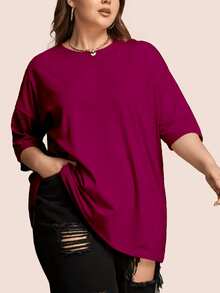 Kit 2 T-Shirts Women's Plus Size Plain Round Neck Fashion  Oversized - 棕色和酒紅色 - 查看 2