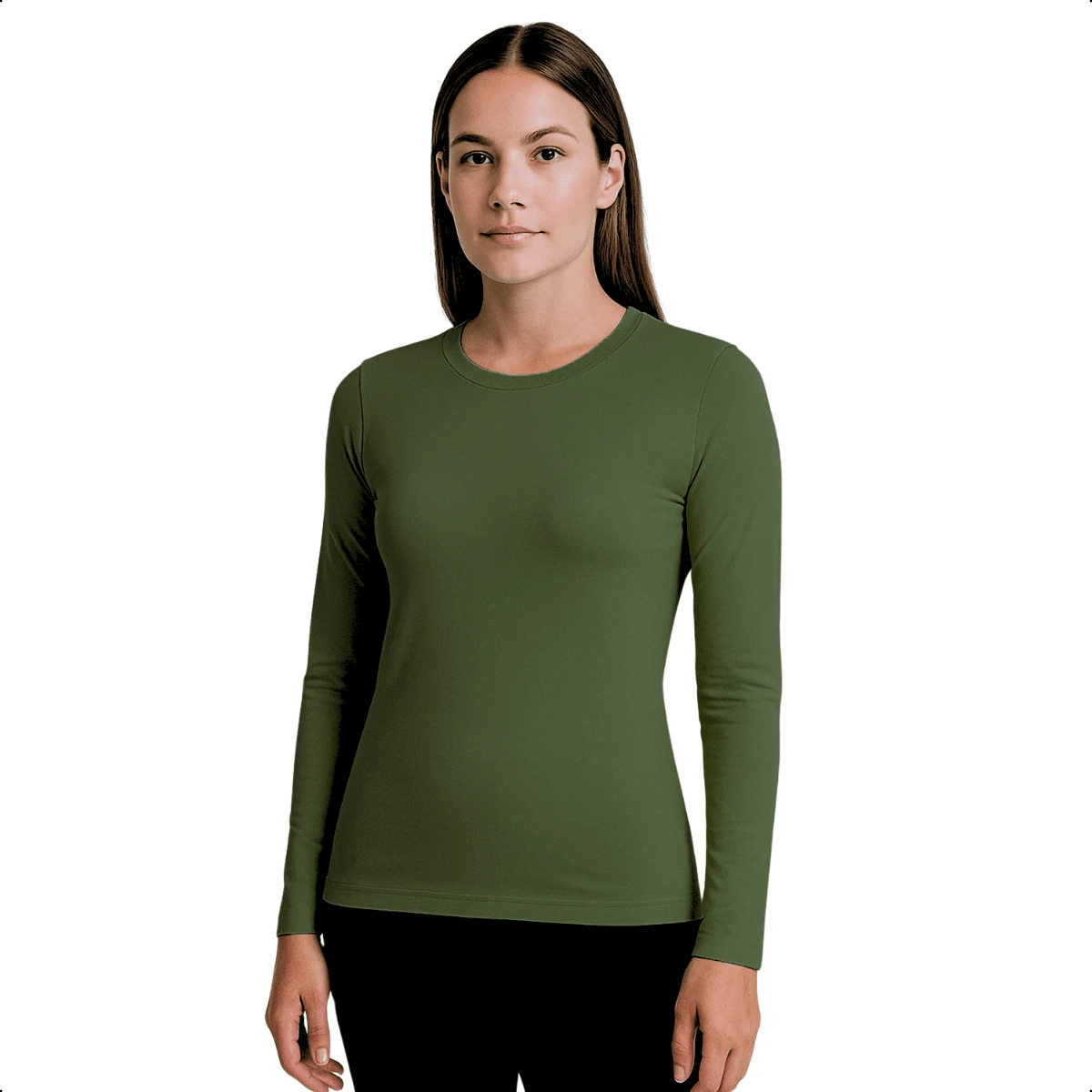 Women's Long Sleeve T-Shirt With Crew Neck In Suplex Fabric | 16 Color Variations Sizes P To Plus Size G2 Basic Plain - Army Green - View 1