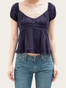 Y2k Summer Tops For Women Cute Sweetheart Neck Crop Tops Solid Color Short Sleeve Pleated Hem Button-Up Slim Fit Blouse Babydoll Tee Casual Going Out Tops Streetwear Fairy Clothes - 藍色 - 查看 2