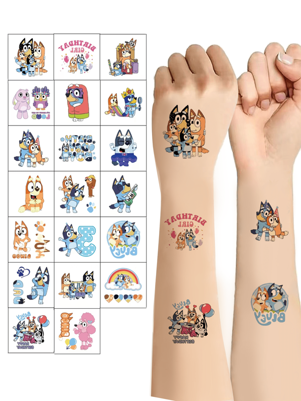 Bluey 20 Blatt Blueys dekorative Aufkleber, süße wasserfeste Körperkunst-Aufkleber, Bluey Bingo Heeler Bandit Heeler Chilli Coco Geburtstags-Party Tattoo-Aufkleber, perfektes Geschenk für Rollenspiele zu Halloween (einige Teile können zufällig sein)