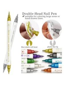 10 Pieces Set Of Thick And Thin Dual Head Nail Metal Painting Pens, Colored Hook And Line Strokes, Flower Pens, Nail Art DIY Multifunctional Brushes - Black and White - View 3