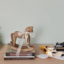 Wooden Rocking Horse Statue, Made Of Rustic Brown Wood With White Organza Bow, Suitable For Bookshelf, Coffee Table Or Hotel Display, Warm Brown Wood Material With Intricate Carving Details, Coffee Table Decor | Farmhouse Style Wooden Horse | Exquisite Craftsmanship, Horse Decor, Perfect For Room Decoration Home Decor Christmas Decorations Christmas Winter