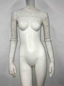 Aquecedores de braço femininos com decoração raglan brilhante e strass, malha arrastão vazada, para mulheres e meninas, férias, festa de aniversário, saídas à noite