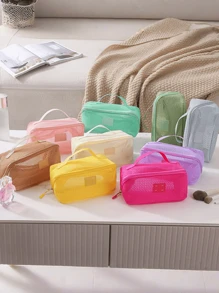 1pc Breathable Mesh Cosmetic Bag - Large Capacity, Multi-Layer Organizer With Handles, Portable And Stylish Makeup Pouch For Women, Breathable Storage Bag Transparent Mesh Texture