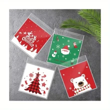 100 个圣诞饼干/糖果礼品袋，透明自粘节日派对包装，带有圣诞老人和雪花图案，适用于饼干、糖果、礼品包装和装饰，带有节日主题插图，方便的密封设计，非常适合圣诞节