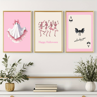 3 stuks, modieuze roze Halloween-muurdecoratie, pittige Halloween-decoratie, roze strik, griezelige Halloween-muurdecoratie, meisjesachtige kamerdecoratie in collegestijl, wandkunst, posters geschikt voor slaapkamer, woonkamer, keuken, hal, muurdecoratie, woondecoratie, slaapkamerdecoratie - canvasmateriaal (optioneel frame)