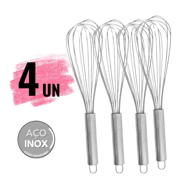 Kit 4 Fouet Profissional Batedor de Ovos Fuê Fouet Inox Omelete Bolo Cozinha Misturador de Massas Clara em Neve