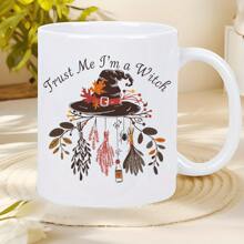 Hexen Keramik Kaffeebecher - wiederverwendbare isolierte Camping Tasse mit Hexenhut, Fledermaus und Spinnwebenmuster - Nur Handwäsche, geeignet für Outdoor-Enthusiasten und Halloween Geschenke - Unisex weißer Becher