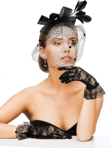 Fascinator Hut für Frauen, Pillbox Hut mit schwarzem Schleier für Trauerfeiern, Teepartys und Spitzenhandschuhe im 50er Jahre Stil