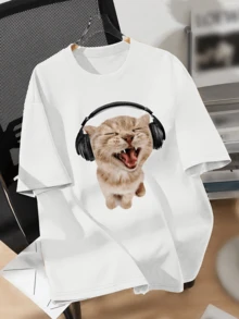 Kitten With Headphones T-Shirt Shirt Blouse Unisex Male Female 100% Cotton Top Premium Street Wear New Release Immediate Shipping Various Colors!! Plus Size - 白色 - 查看 3