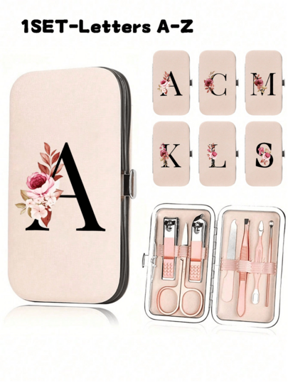 7pcs/Set Personalized Floral Letter Manicure Kit, A - Z Initial Nail Care Set With Pink Tools, Portable Grooming Organizer For Travel/Home/Gifts,Portable Organizer Case Included Large Capacity Nail Care Box Storage Box, With Stainless Steel Tools, Ultra Sharp And Splash Free Nail Clipper Set, Classic Design Cutting Box, Used For Mobile Beauty Essentials, Travel, Outings, Residential School And Home Essentials,New School Season, New School Gifts