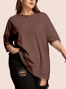 Kit 2 T-Shirts Women's Plus Size Plain Round Neck Fashion  Oversized - nâu và kaki - Xem 3