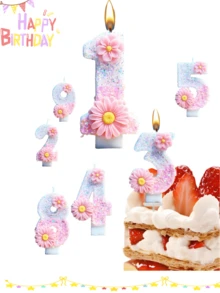 Flower Decor 0-9 Numbers Candles, Birthday Cake Decor, Party Candles, Atmospheric Party Supplies, Romantic Party Supplies, Birthday Candles, Personal Party, Graduation Party, Halloween, Christmas, Birthday Party, Etc. Cake Decor, Baking Decor, Creative Number Birthday Candles, Birthday Cake Decor Candles, Valentine's Day Decor, Suitable For 1-100 Years Old Birthday Party Cake Decor - Pink Daisy - View 12