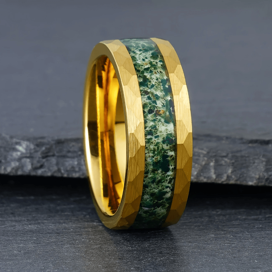 1pc 9mm Vintage Gold Titanium Steel Green Moss Ring, Anniversary Ring, Wedding Ring Jewelry, Luxury Gift For Him, Suitable For Year-Round Wear, Party Accessories, Exquisite Design