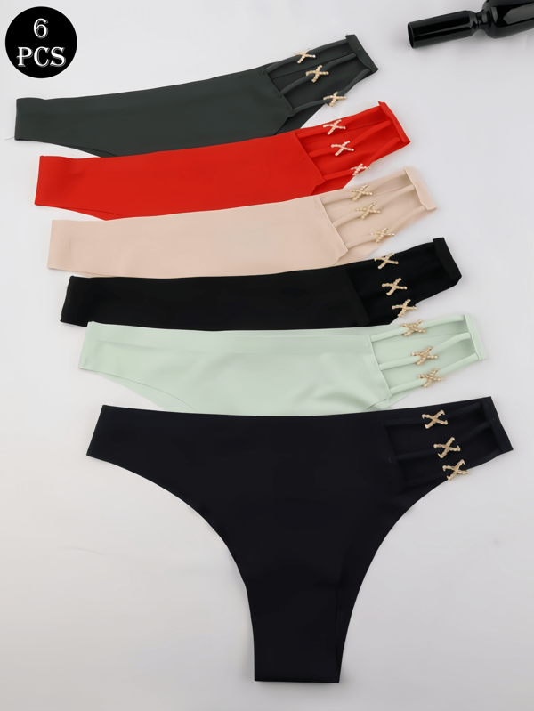 6 Stück Sexy Metall Damen Unterwäsche Set mit Ringschnalle, Sommer dünne Eisseide String, nude Unterhose mit niedriger Taille, bequeme T-Back Unterwäsche, Cut Out kühle Sport Slips