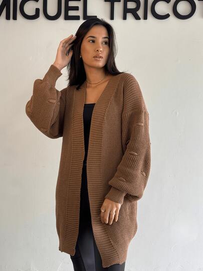 Casaco de Frio Tricot Cardigam Aberto Tricot Feminino Manga Bufante Ponto Fang Moda Inverno 2025