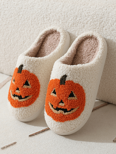 Winter New Women's House Slippers, Cute Cartoon Halloween Ghost & Pumpkin Print Slippers, Unisex Bedroom/Kitchen/Bathroom Comfortable Thick Sole Non-Slip Warm Indoor Slippers