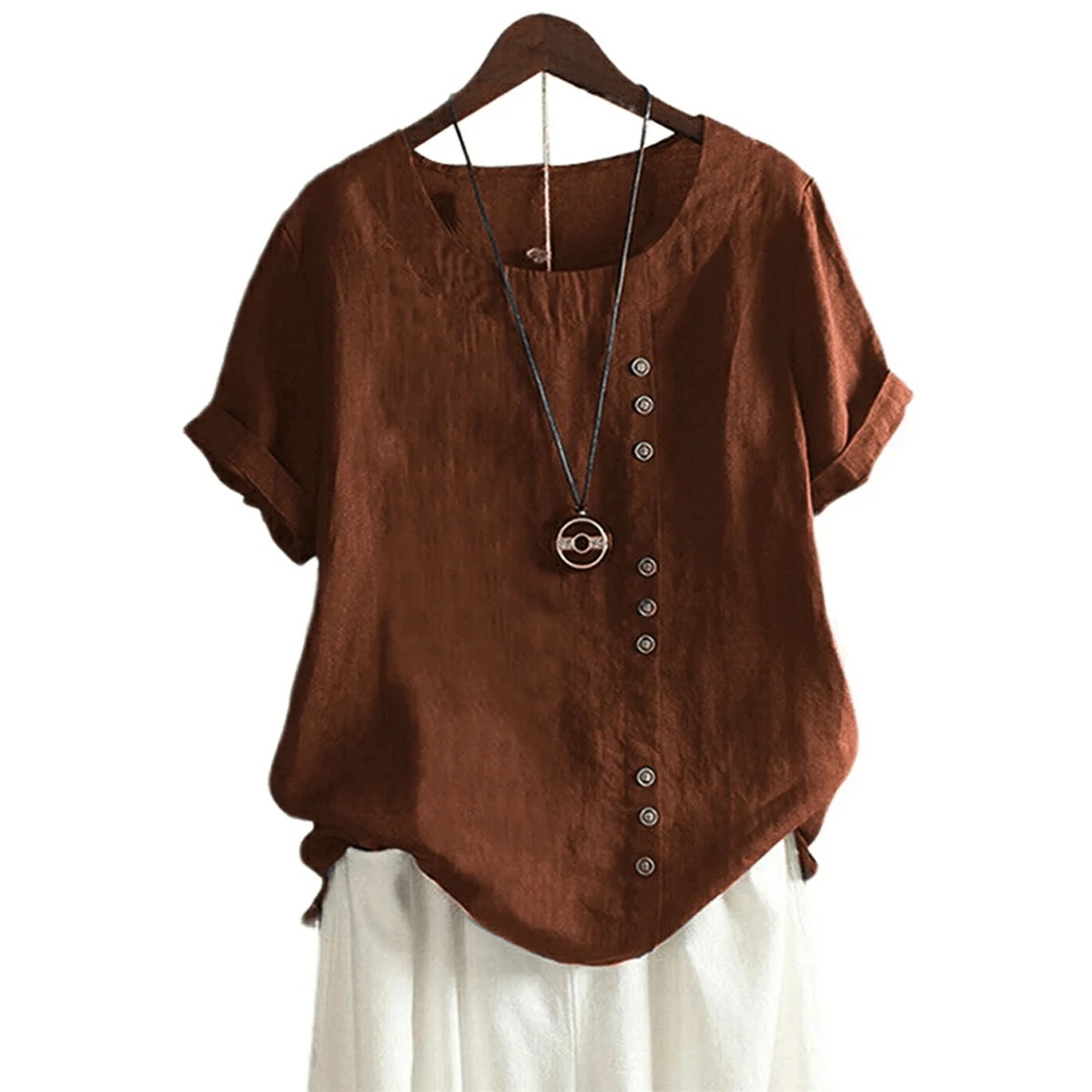 Womens Cotton Linen Blouse Shirts Summer Casual Boho Short Sleeve Buttons Decor Loose Tunic Tops - màu nâu - Xem 1