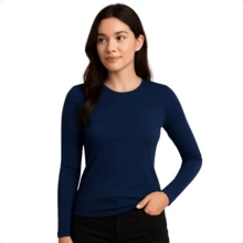 Women's Long Sleeve T-Shirt With Crew Neck In Suplex Fabric | 16 Color Variations Sizes P To Plus Size G2 Basic Plain - Navy Blue - View 1