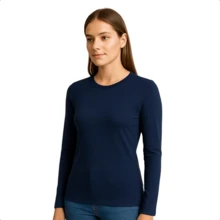 Women's Long Sleeve T-Shirt With Crew Neck In Suplex Fabric | 16 Color Variations Sizes P To Plus Size G2 Basic Plain - Navy Blue - View 3