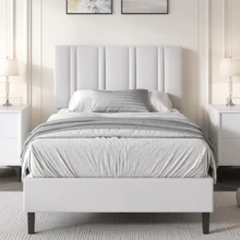 Upholstered Bed Frame With Headboard, Linen Fabric Platform Bed Frame With Tufted Headboard, No Box Spring Required, Easy Assembly, Pink/ White/ Black/ Blue, Twin/ Full/ Queen - 白色 - 查看 6