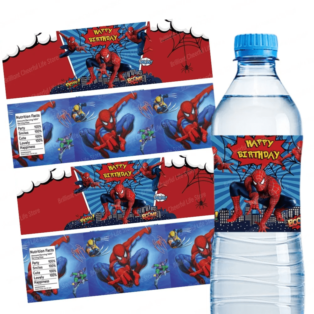 bandai 10/20/30 Pcs Spider Water Bottle Labels Birthday Decorations Party Supplies Waterproof Superhero Stickers For Boys