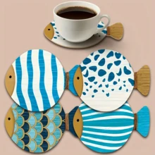 4pcs Nautical Striped & Polka Dot Fish Shaped Wooden Coasters - Heat Resistant Wood Coasters, Suitable For Coffee & Tea Lovers, Home Bar Office Wall Decor, Beverage Coasters, Vibrant Design, Tabletop Protection, Artistic Home Decor, Durable Structure, Bar Accessories, Gift Shoppers - Multicolor Upgrade - View 3