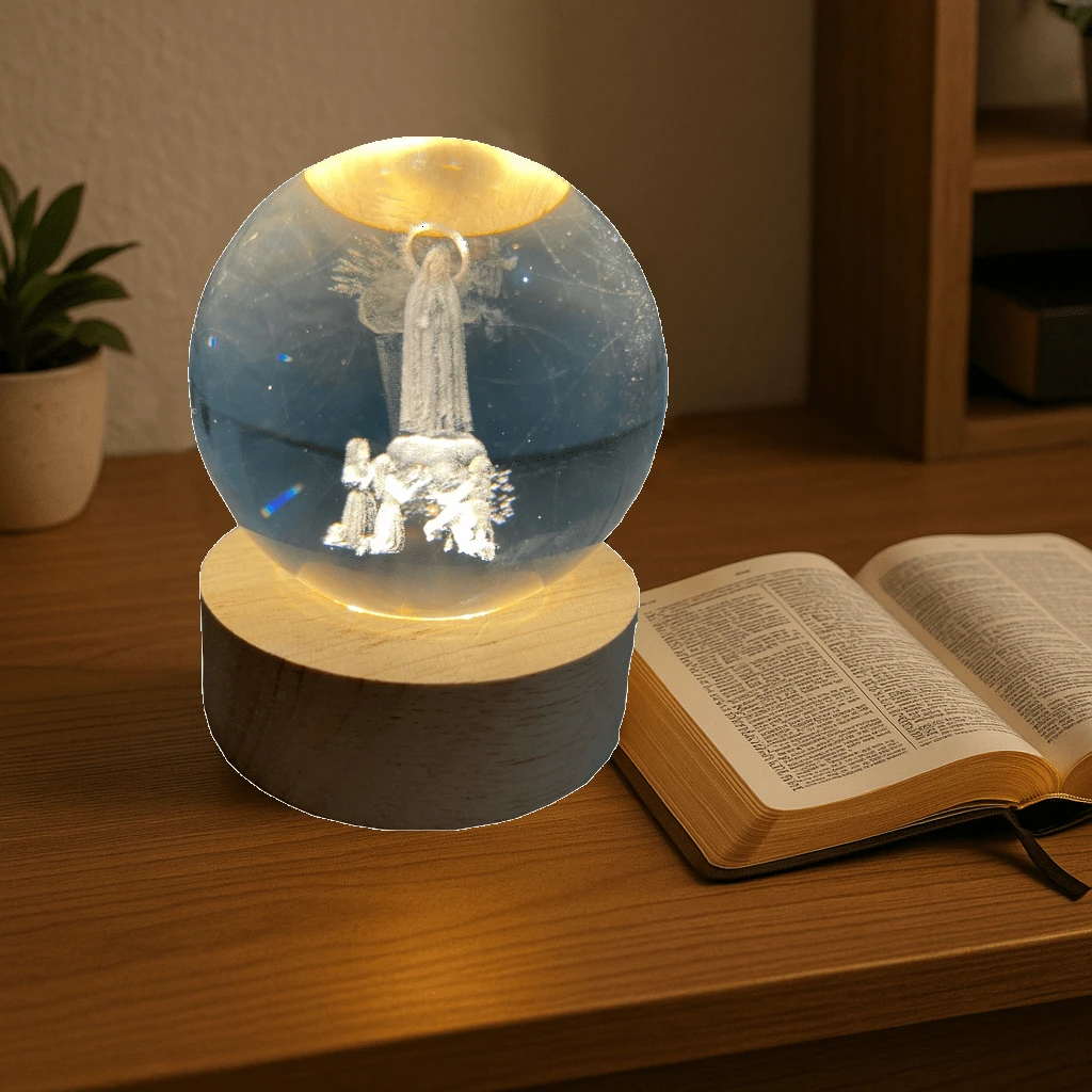 Our Lady Of Fatima 3D Crystal Ball Table Lamp With Wooden Base And USB LED Light - 米色 - 查看 1