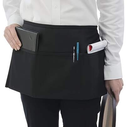 1pc 3-Pocket Waist Apron, Waterproof Waitstaff Short Apron With Long Waist Ties, Suitable For Men & Women, Kitchen, Restaurant, Etc.